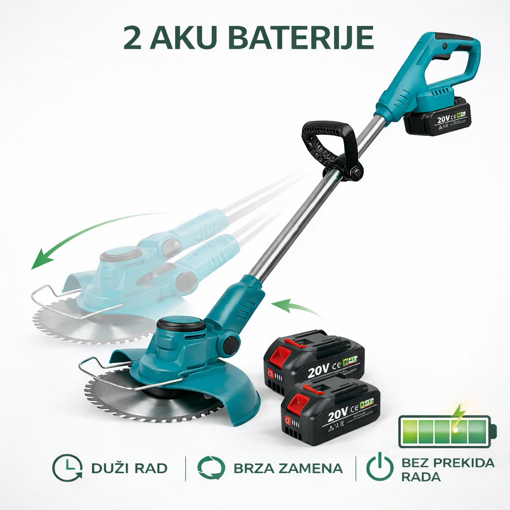 Profesionalni aku trimer za travu sa 2 baterije, trimer sa 3 vrste sečiva