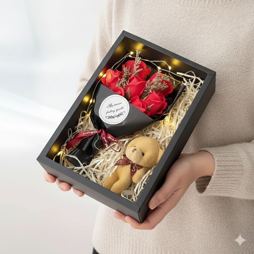 Luxury Love Set, 7 crvenih ruža, meda i LED svetlo