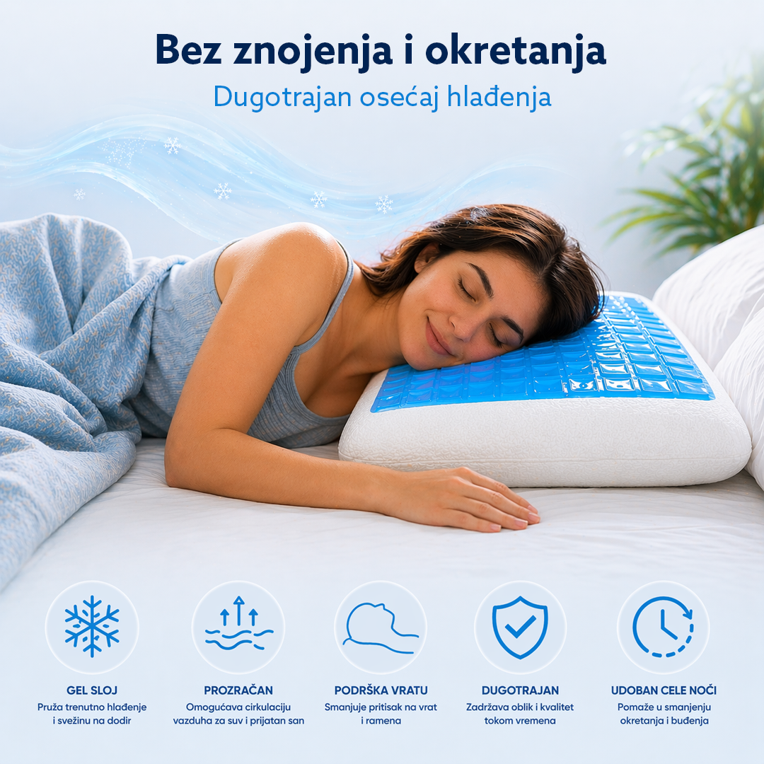Jastuk od memorijske pene sa plavim gelom za hladjenje, Beli