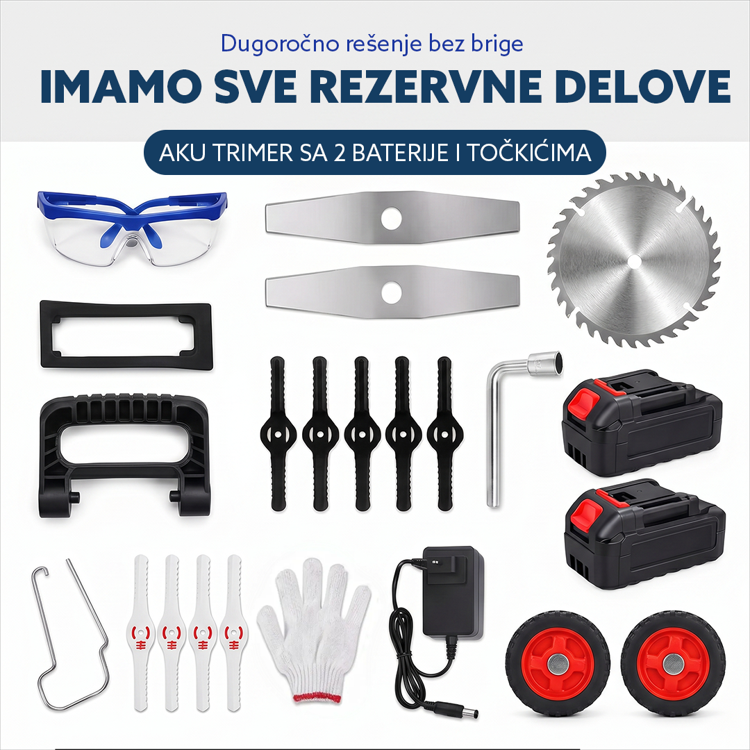 Profesionalni aku trimer za travu sa 2 baterije, trimer sa 3 vrste sečiva i točkićima