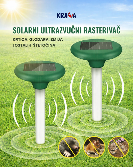 Solarni ultrazvučni rasterivač krtica, glodara, zmija, rasterivač štetočina, 2 komada