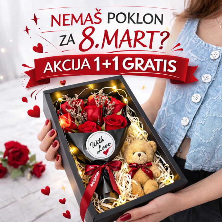 Luxury Love Set, 7 crvenih ruža, meda i LED svetlo 1+1 GRATIS