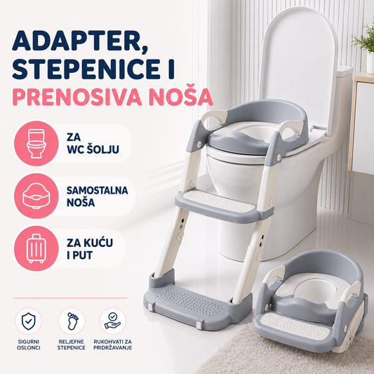 Dečiji 3u1 adapter za WC šolju – stepenice i prenosiva noša sa posudom