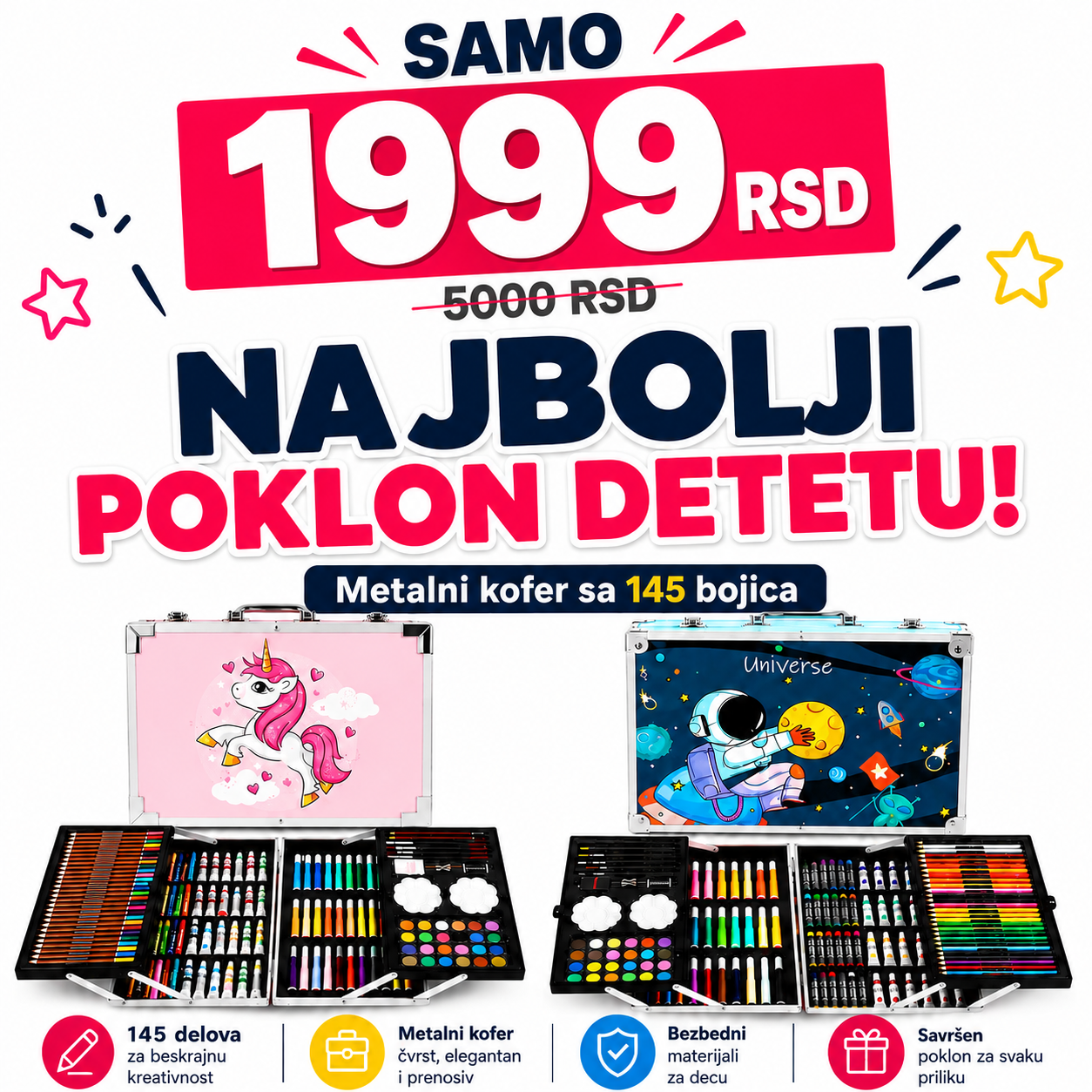 Metalni kofer sa bojicama i flomasterima, set 145 kom
