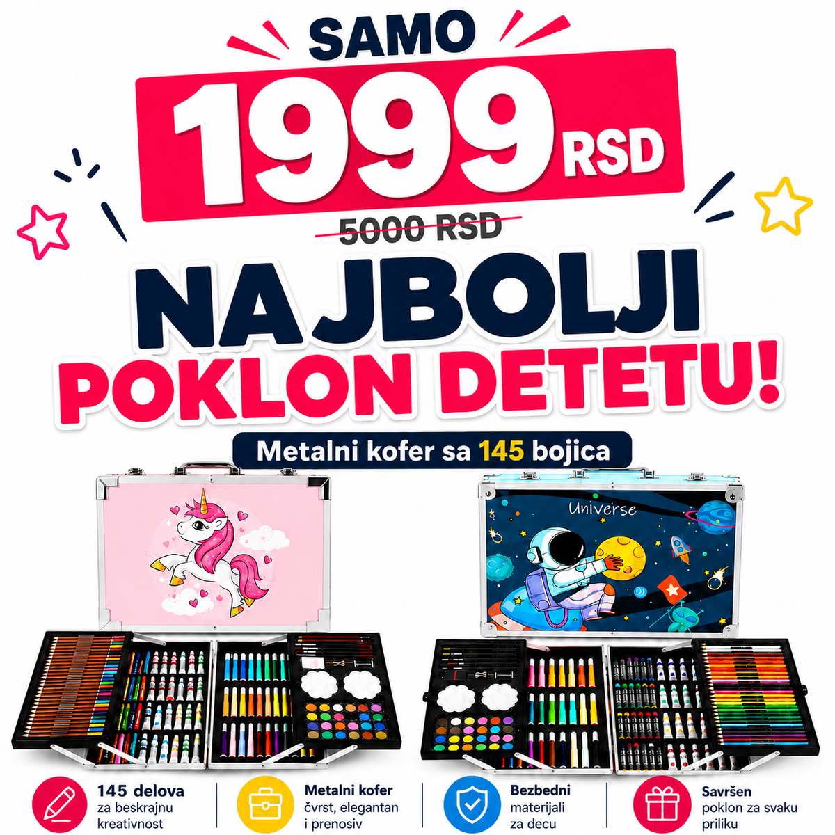 Metalni kofer sa bojicama i flomasterima, set 145 kom