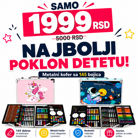 Metalni kofer sa bojicama i flomasterima, set 145 kom