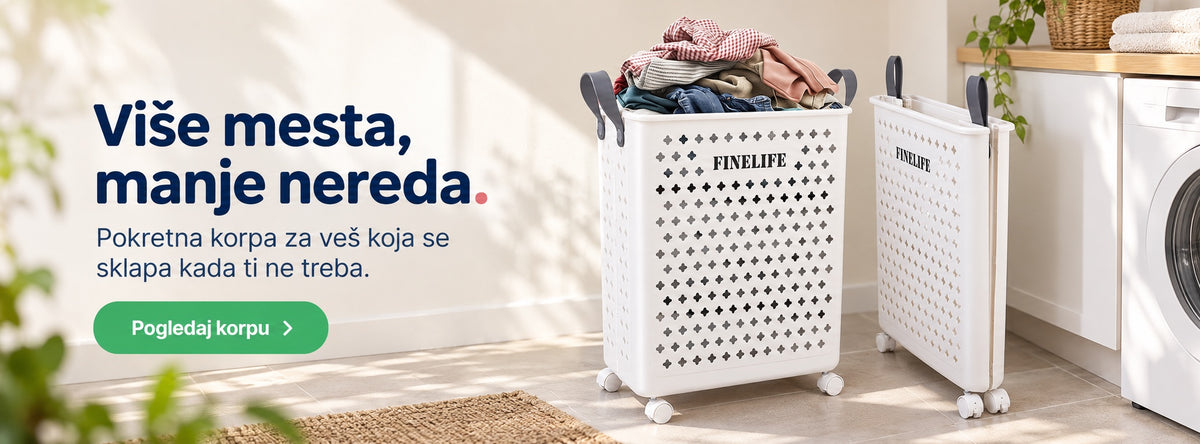 Pokretna sklopiva korpa za veš, otvorena i sklopljena, u kupatilu