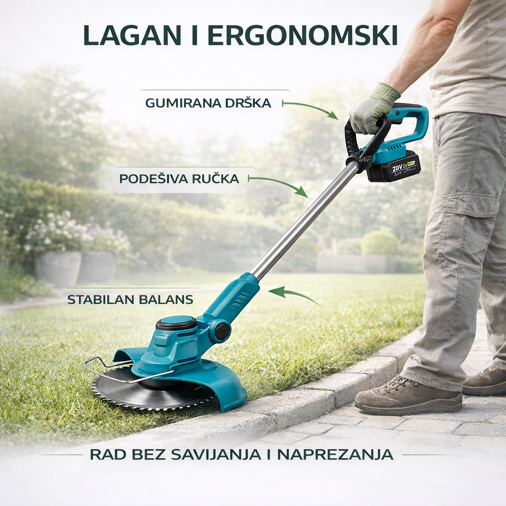 Profesionalni aku trimer za travu sa 2 baterije, trimer sa 3 vrste sečiva i točkićima