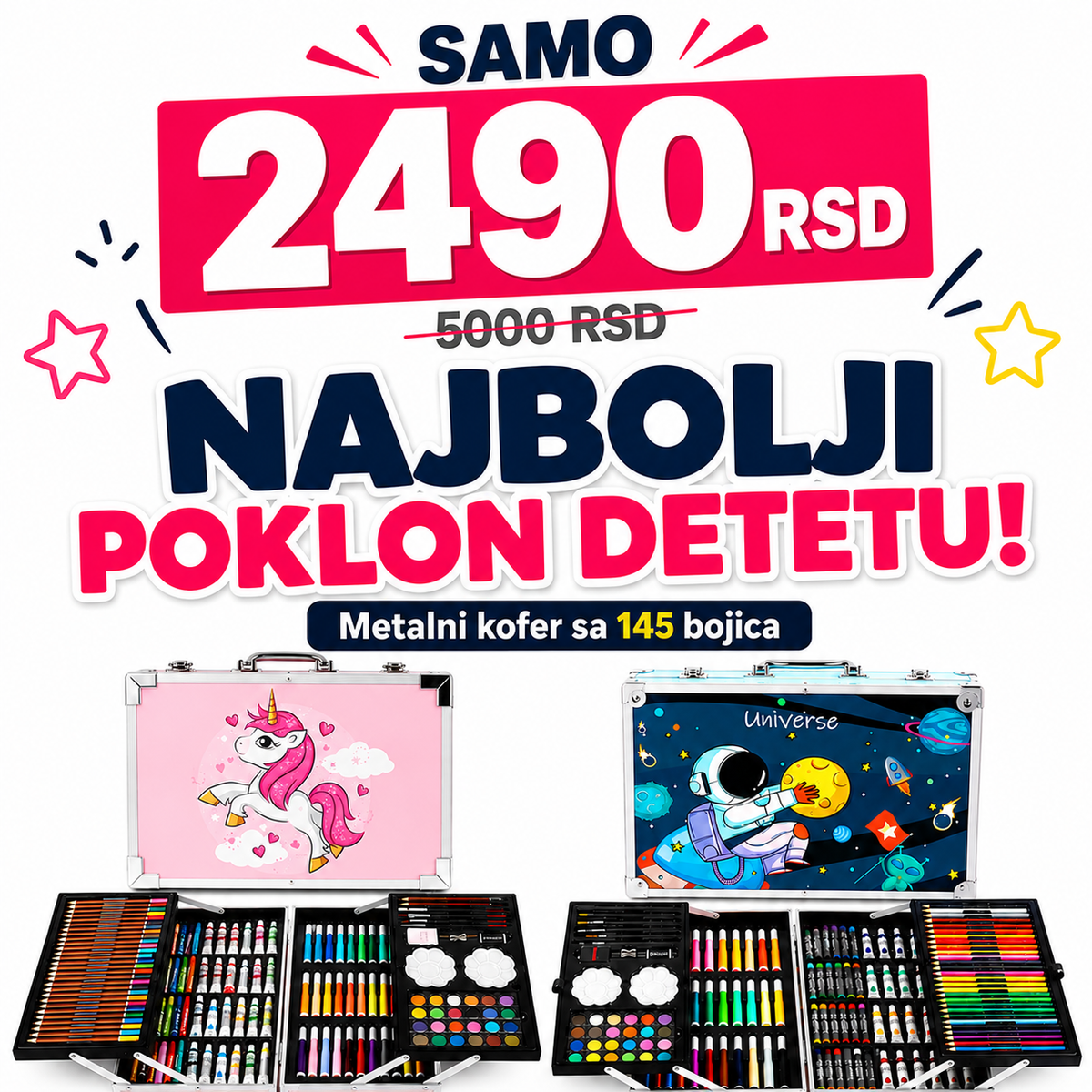 Metalni kofer sa bojicama i flomasterima, set 145 kom